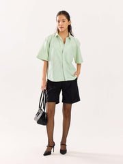 Green Striped Oversized Cropped Shirt
